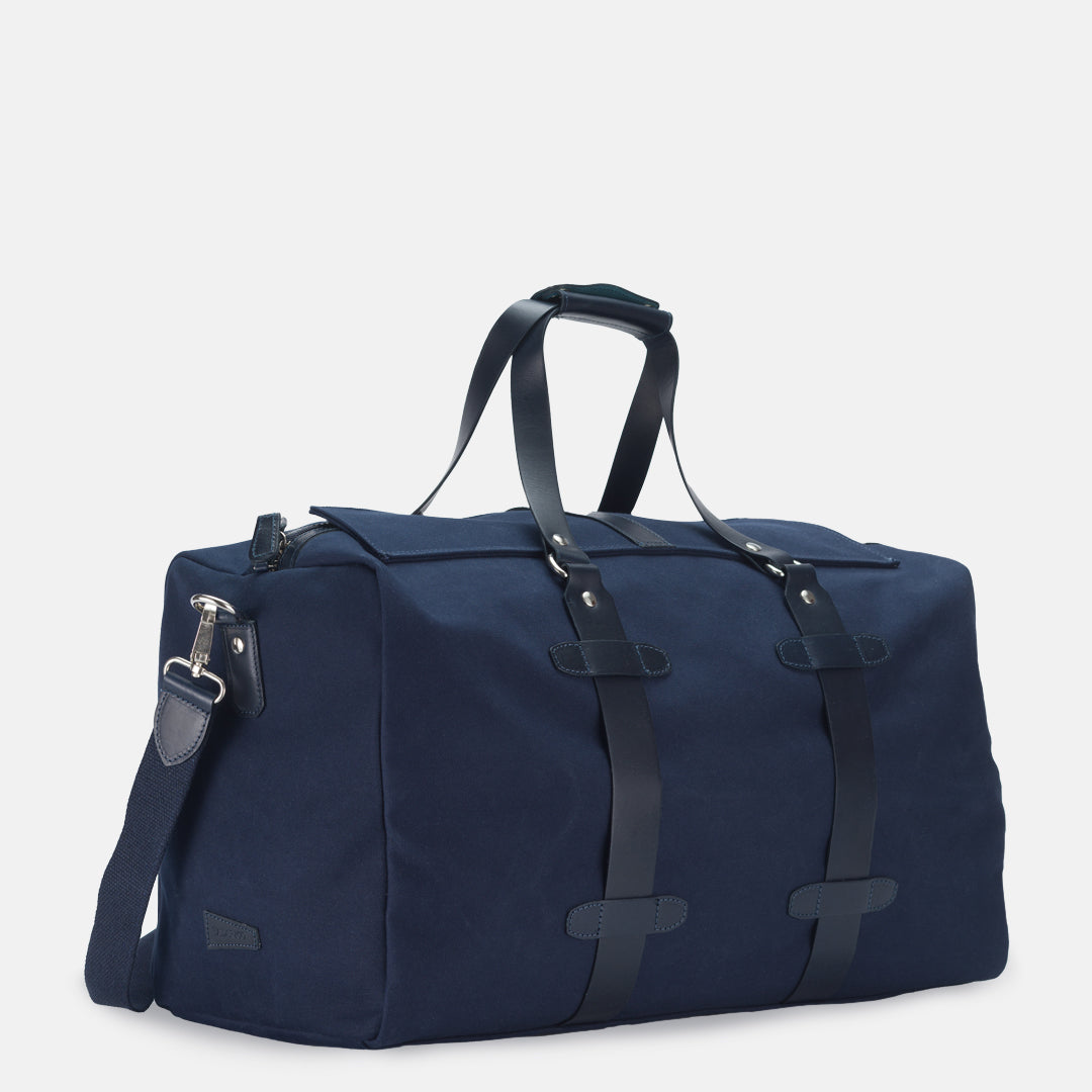 Marco Polo Blue Canvas Duffel Bag With Blue Cowhide Handles and Details