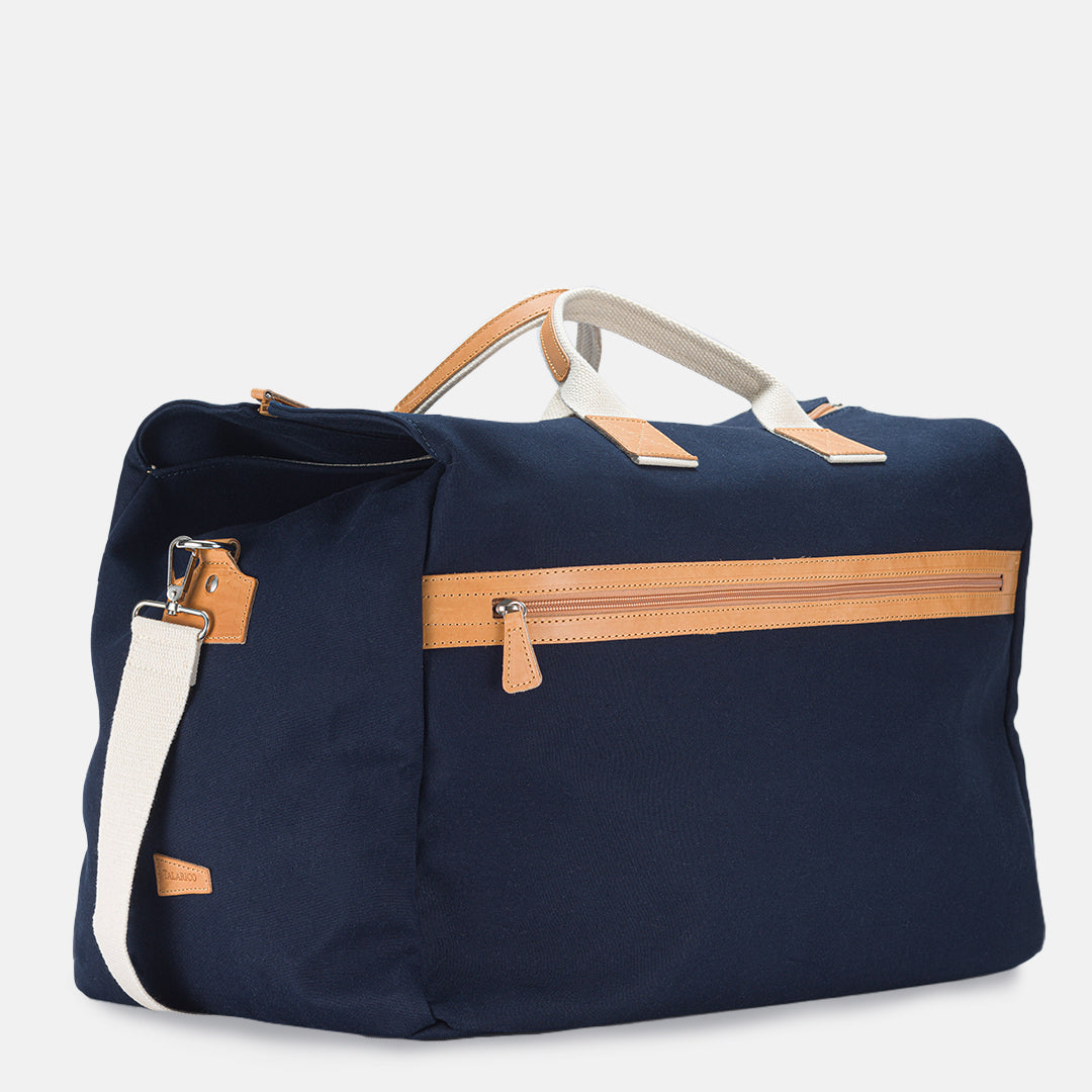 Miami Blue Canvas Duffel Bag With Two-Tone White and Tan Leather Handles